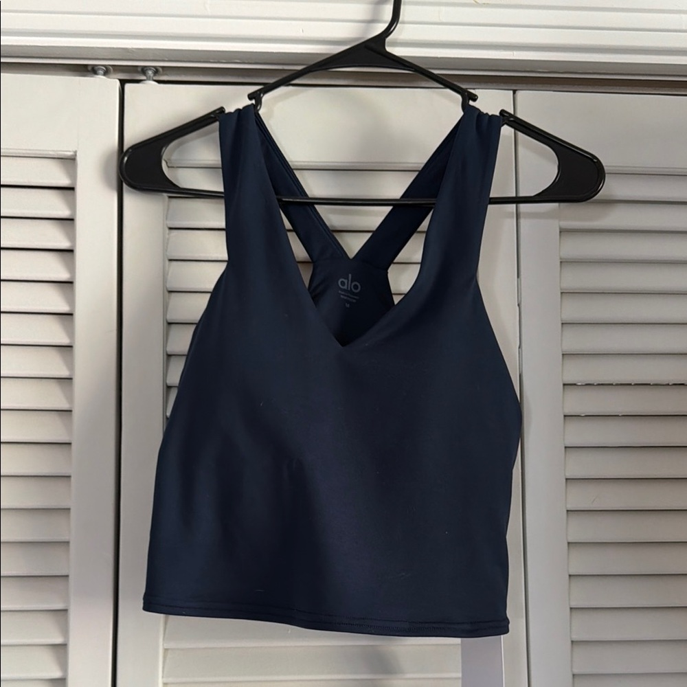 ALO Yoga Navy V‑Neck Cross-Back Crop Camisole